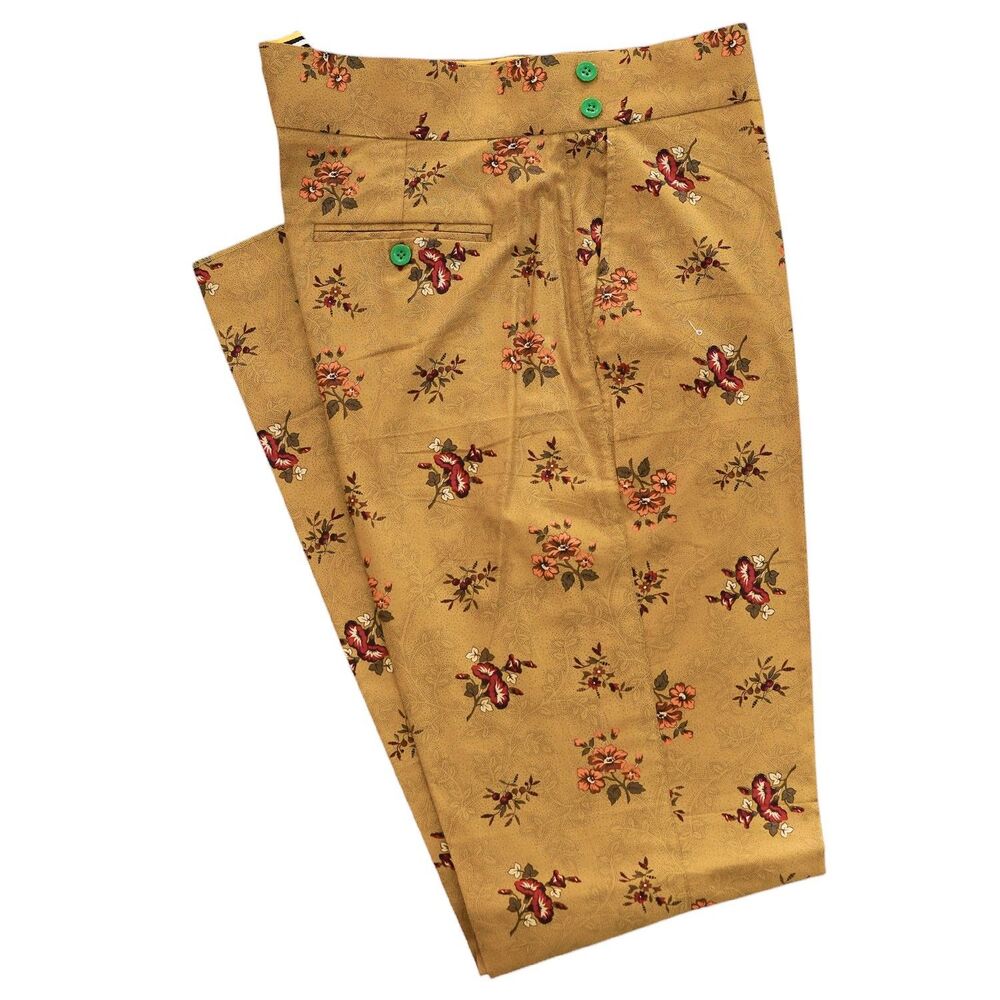 Mens Gurkha Pants 36 Tan Red Floral Cotton Slim Fit Flat Front Dress Trousers